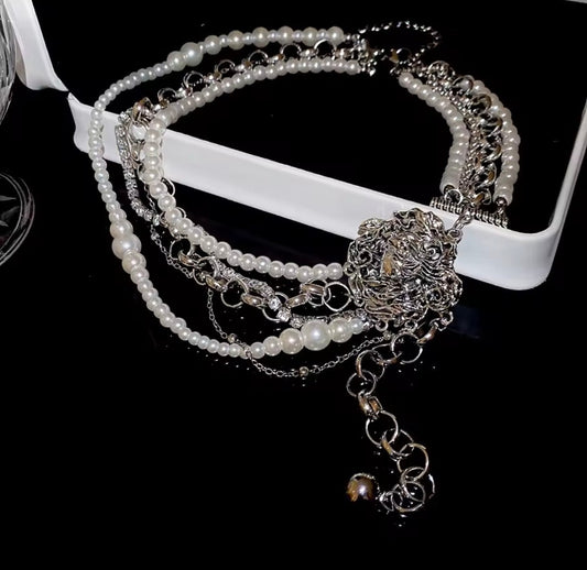 Luxe Multi-Strand Pearl & Chain Necklace with Ornate Medallion