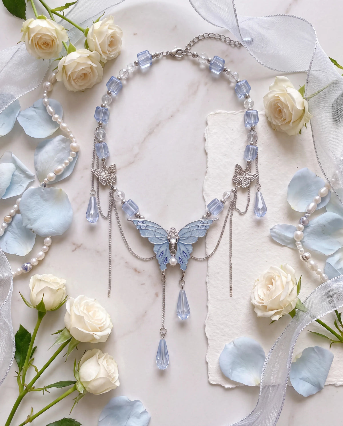 Blue Butterfly Crystal Cascade Necklace