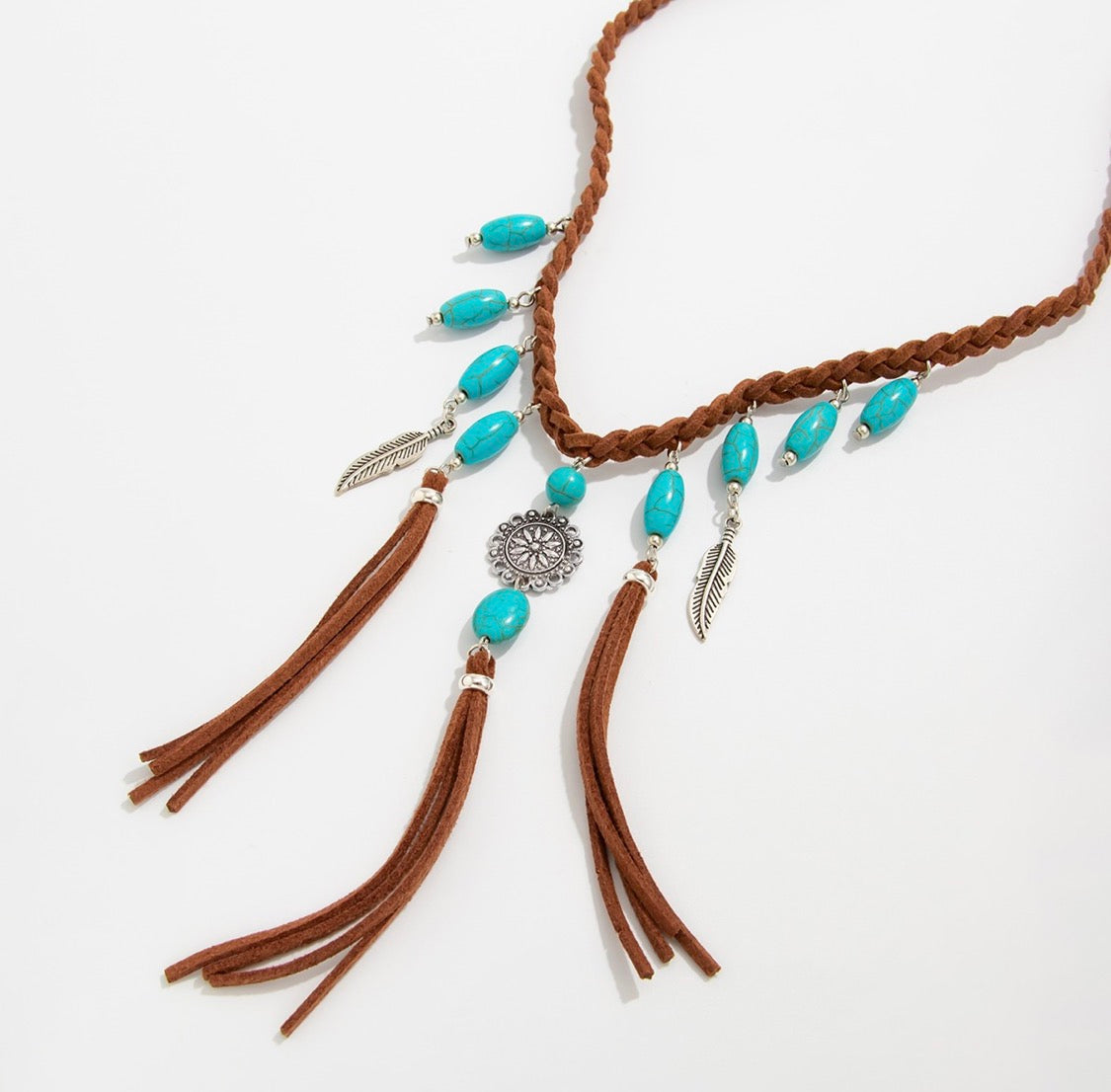 Turquoise Leather Fringe Necklace