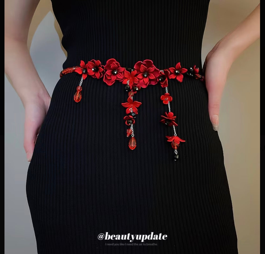 Red Floral Beaded Waist Chain & Necklace