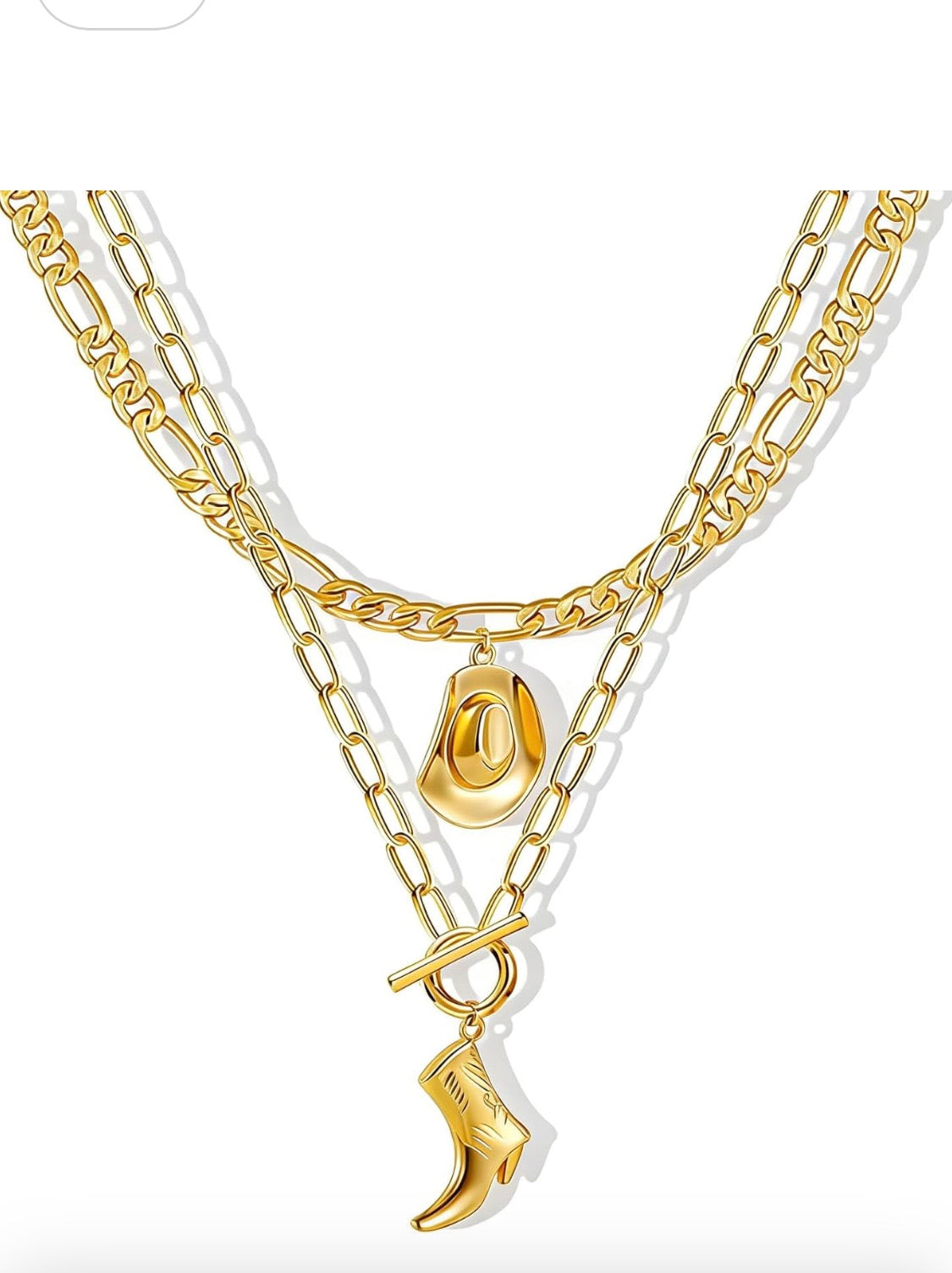 Western Charm Layered Necklace Set – Gold Cowboy Hat & Boot Pendants