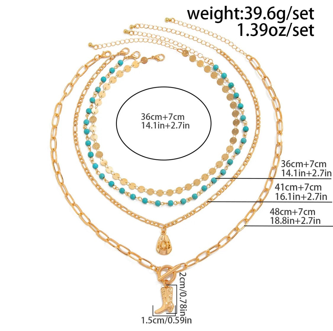 Western Boho Layered Necklace Set – 4-Piece Gold & Turquoise