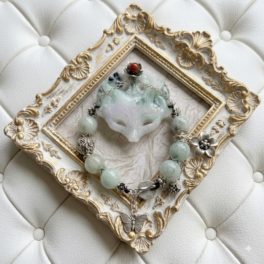 52mm Fox Carved Head Water Jade Bracelet with Silver Accents – 6" + 2" Extender