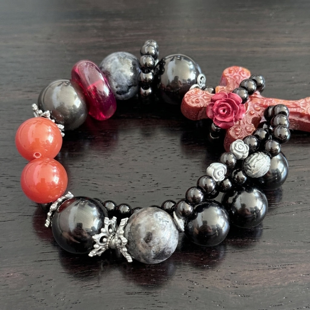 Carnelian Cross & Gray Moonstone Beaded Bracelet