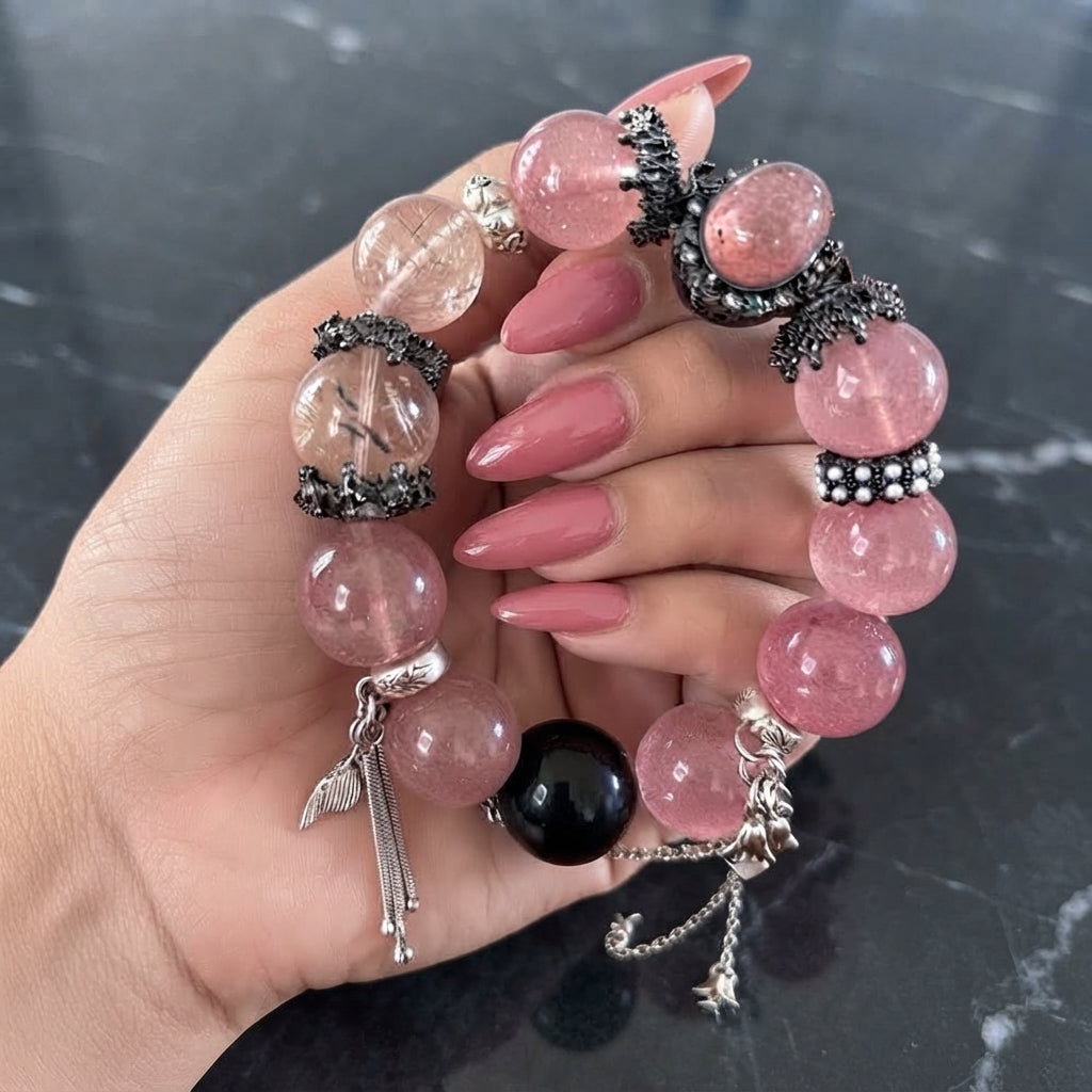 Strawberry Quartz & Rutilated Crystal Charm Bracelet