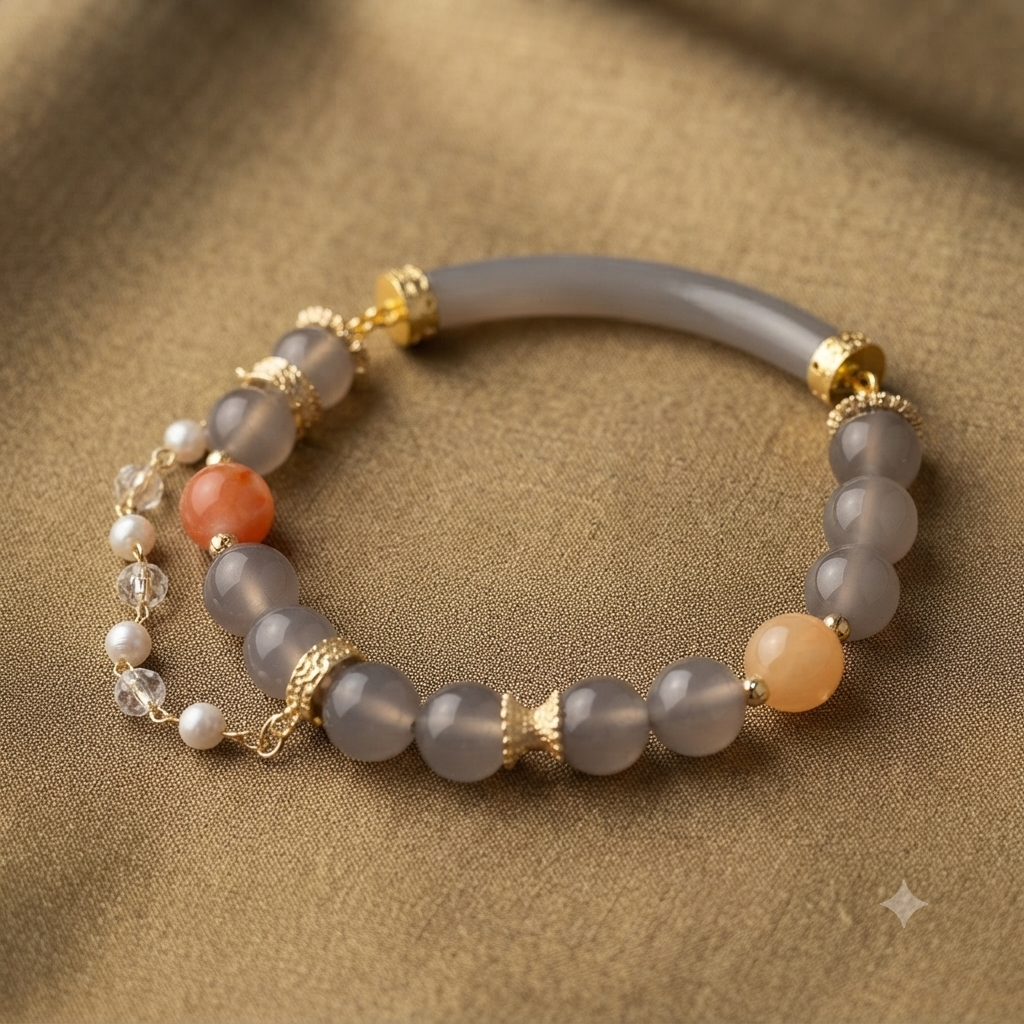 Grey Agate & Peach Moonstone Bangle Bracelet