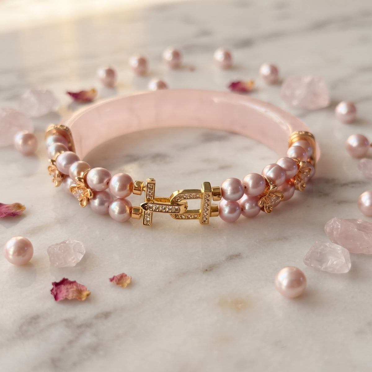 Rose Quartz & Freshwater Pearl Bangle Bracelet 6"