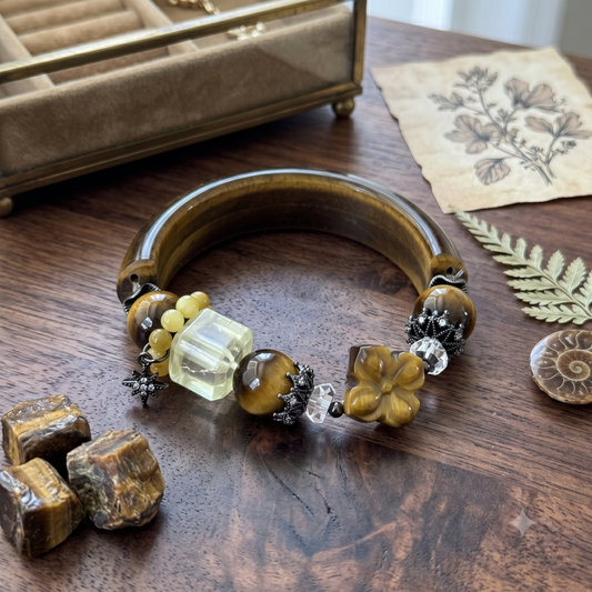 Tiger's Eye Bangle Bracelet with Citrine & Carved Flower Charm Small Wrist 5.5"