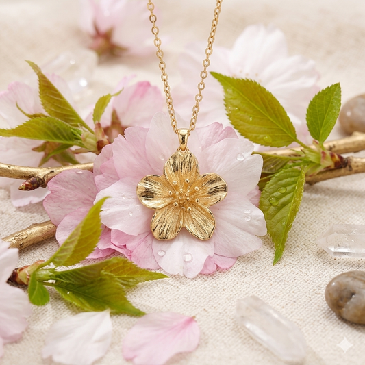 Gold Cherry Blossom Flower Pendant Necklace