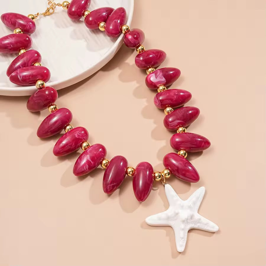Ruby Red Beaded Starfish Necklace