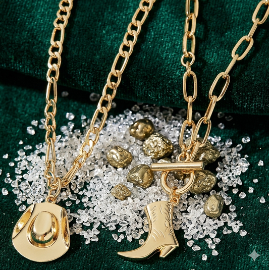 Western Charm Layered Necklace Set โ Gold Cowboy Hat & Boot Pendants