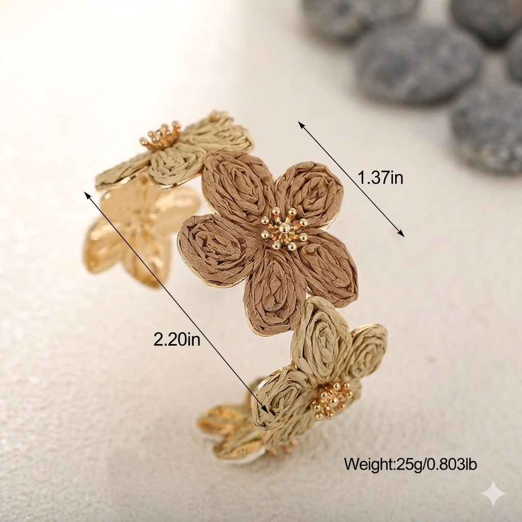 Woven Flower Cuff Bangle – Raffia & Gold