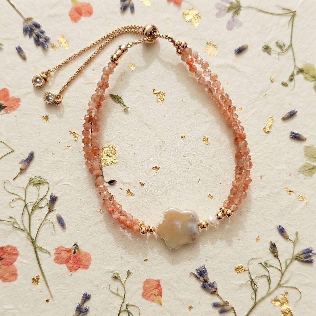 Blush Pink Moonstone & Carved Flower Shell Bracelet