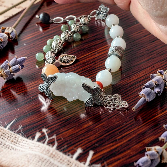 Water Jade Hand Carved Sakura Flower Bracelet with Butterfly Charms & Orange Agate