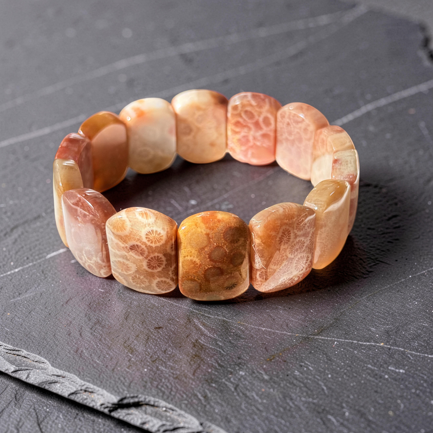 Fossil Coral Gemstone Bangle Bracelet | Wide Cuff Stackable Statement Bracelet