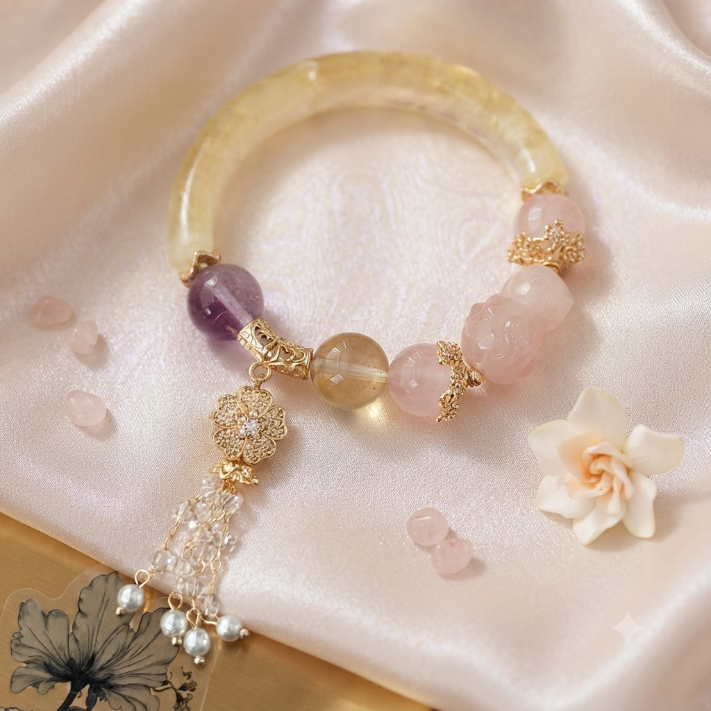 Citrine & Pink Quartz With Amethyst Gemstone Bangle Bracelet