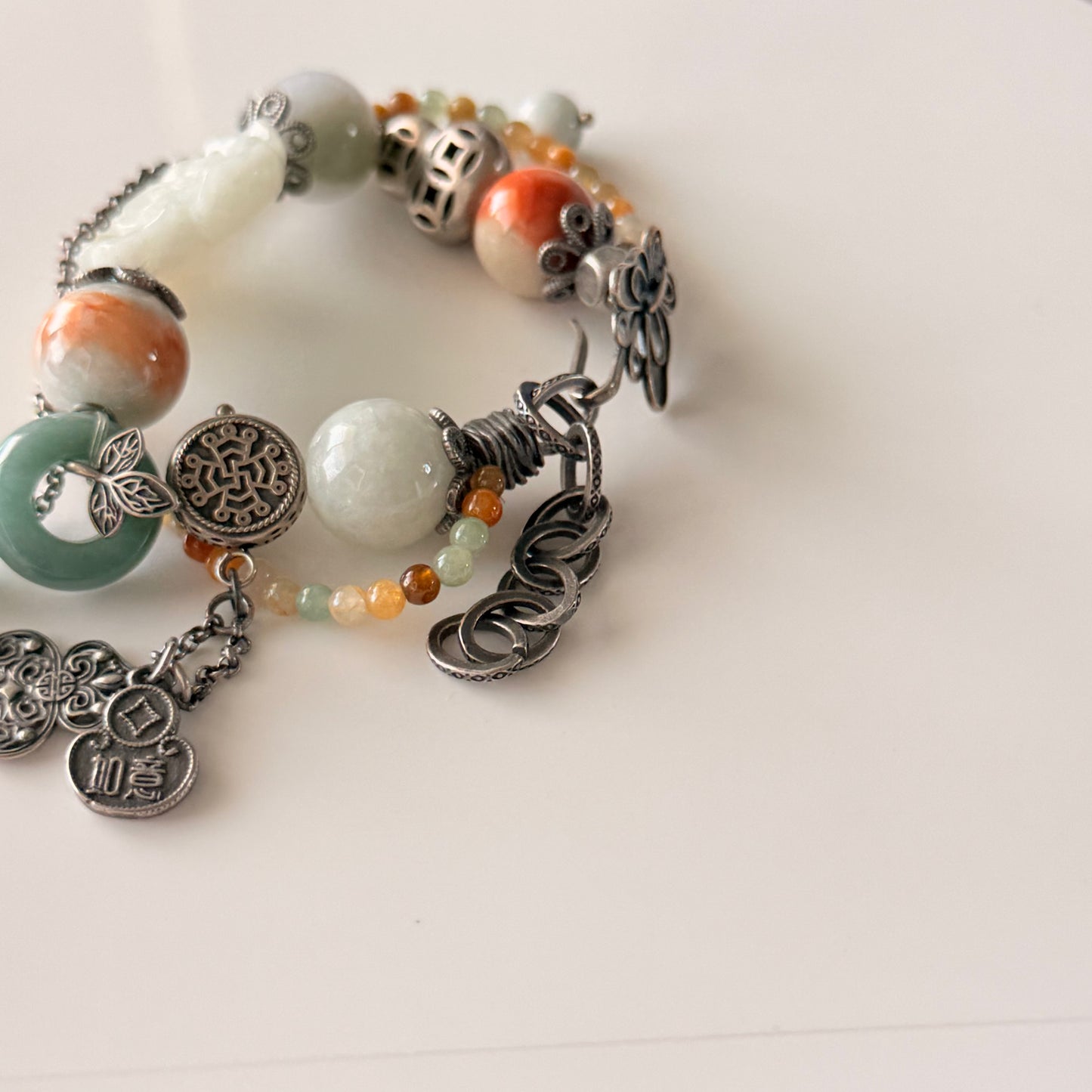 Green & Blue Water Jade Bracelet with Old Silver Accents