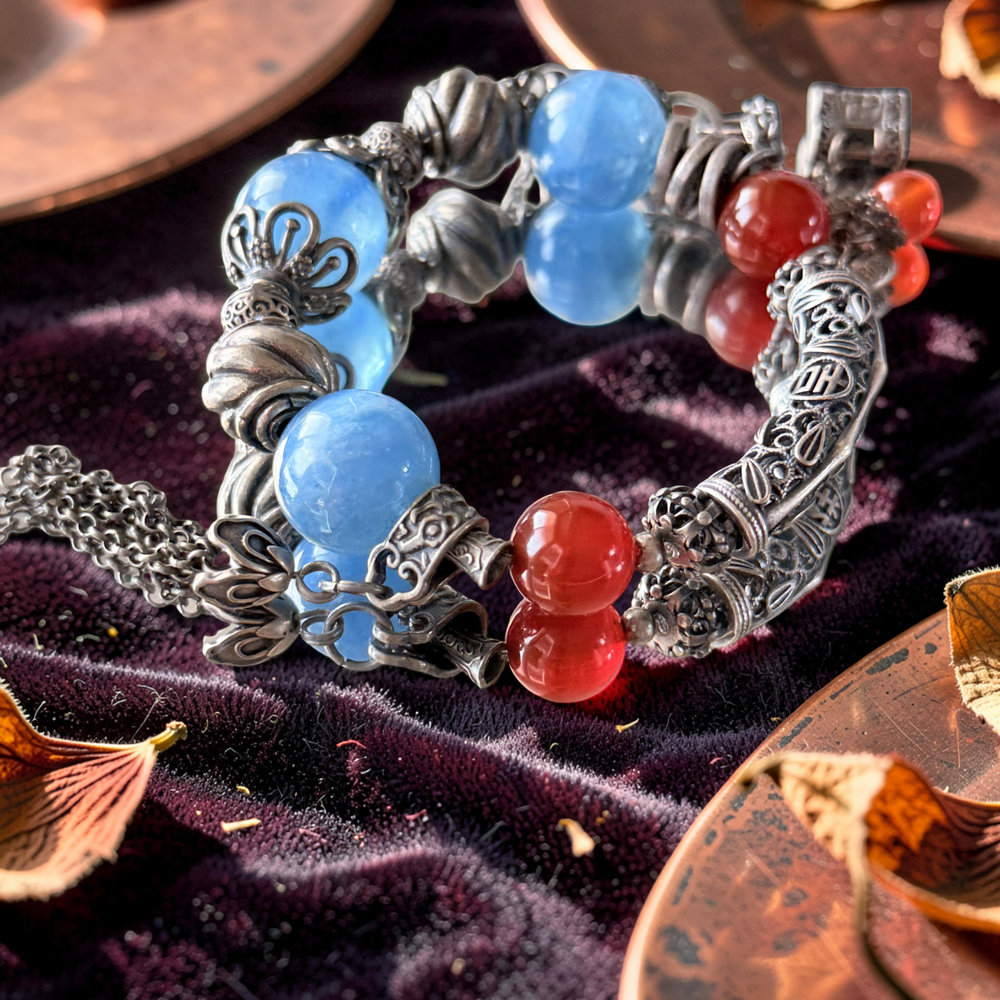 AAA Aquamarine & Red Carnelian Bangle with Old Silver Accents