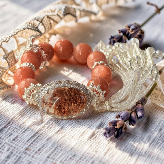 Peach Moonstone & Garden Quartz Beaded Bracelet (Scenic Quartz) 6"