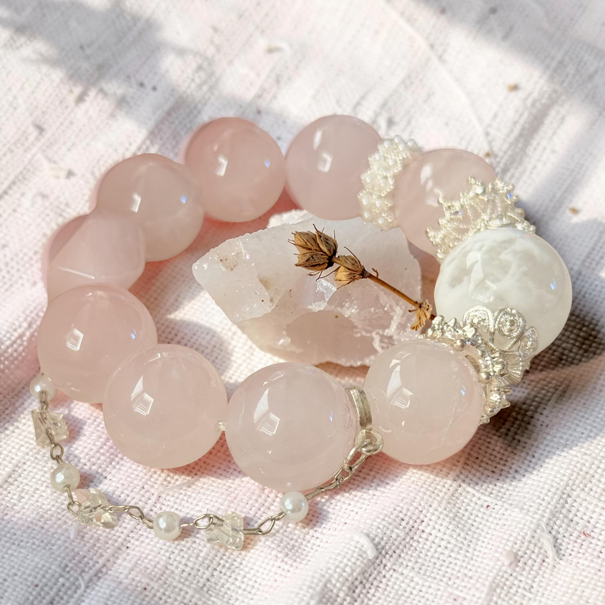 Rose Quartz & Cloud Quartz Beaded Bracelet 5.7"