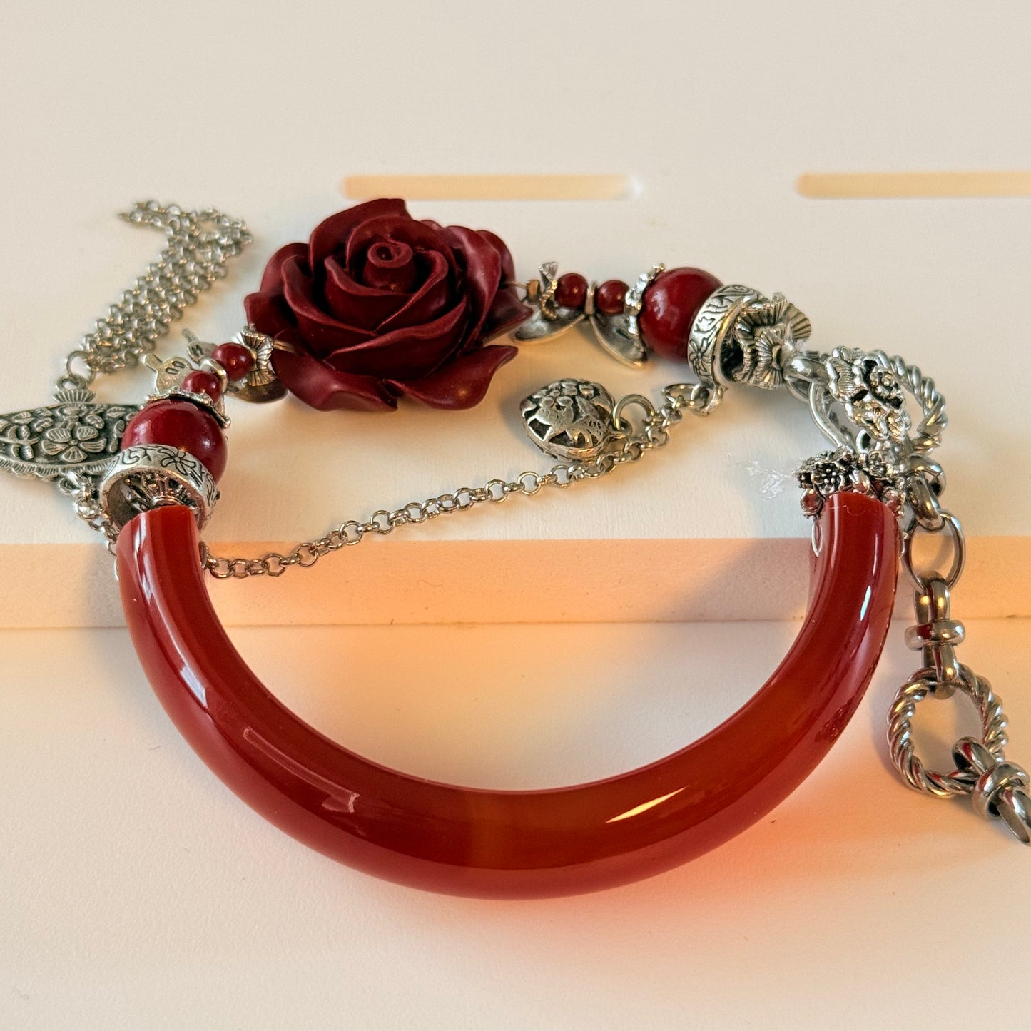 Carnelian & Red Cinnabar Flower Half Bangle – 6.8″