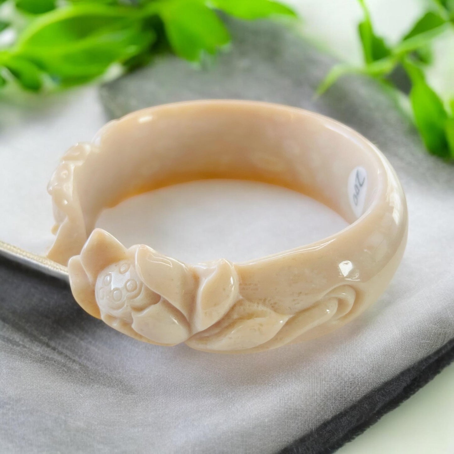 Fossil Coral Jade Bangle: Lotus Flower Carved Bracelet (52.3mm) AA-10003