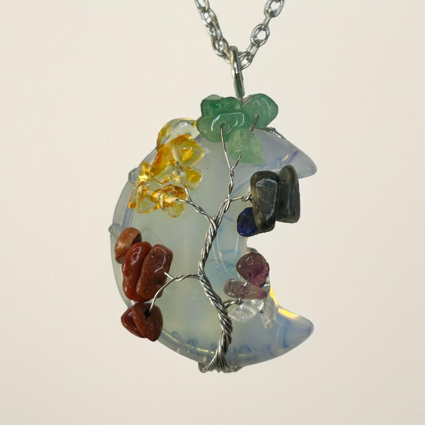 Clear Quartz Crescent Moon Chakra Tree Necklace: Silver Wire Pendant