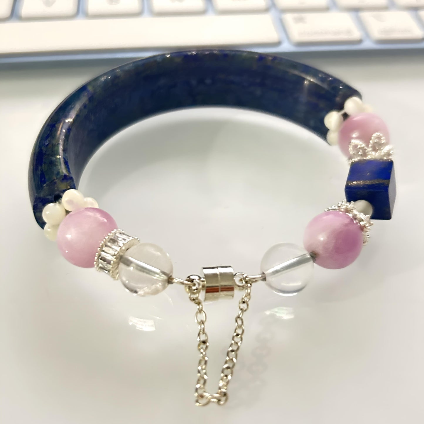 Lapis Lazuli & Pink Jade Bangle: Clear Quartz Healing Crystal Bracelet