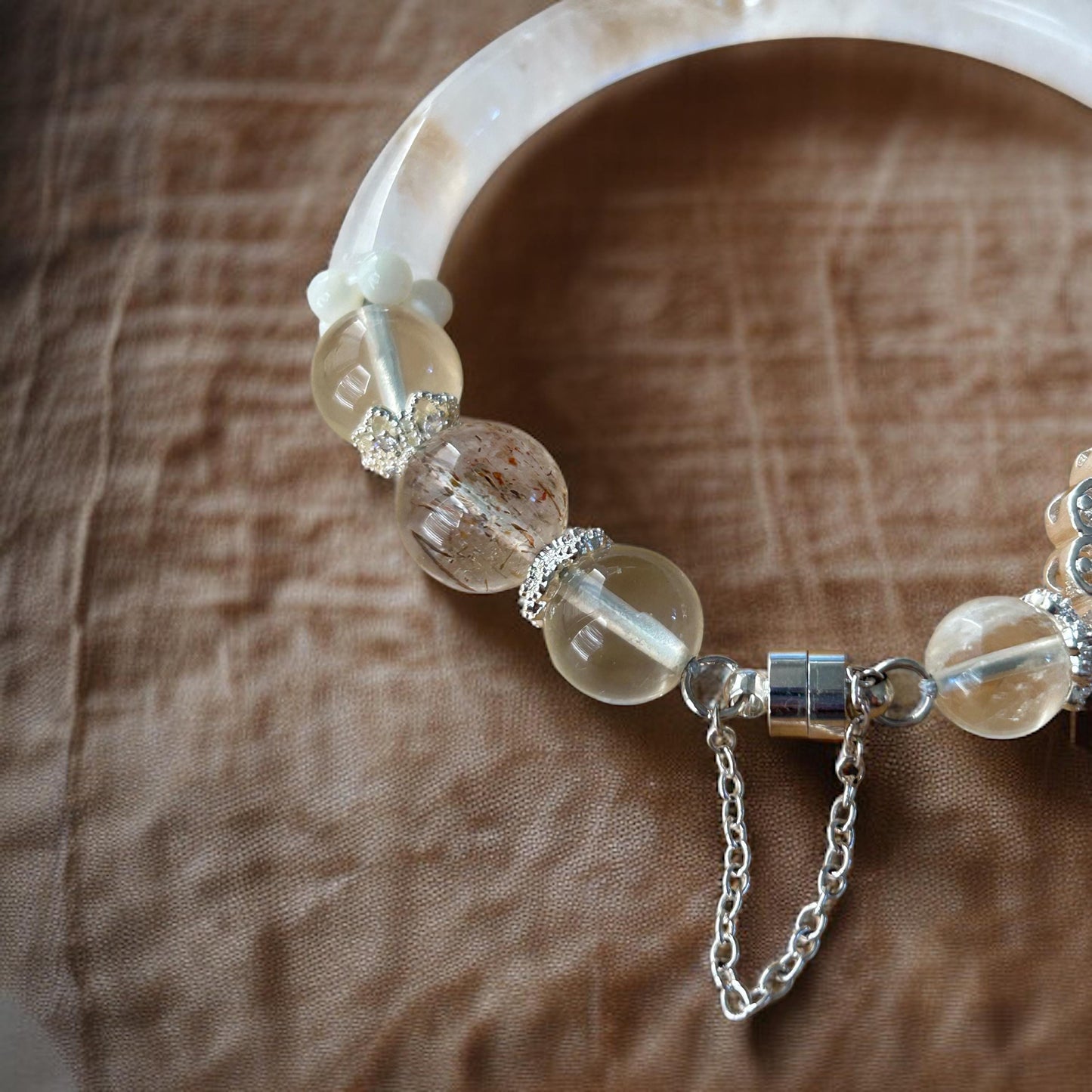 Rutilated Quartz Lotus Charm Bangle with Clear Quartz Cuff 7.5"