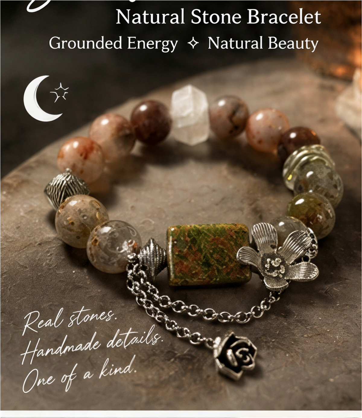 Fire Quartz, Garden Quartz & Unakite Bracelet | 6.5″