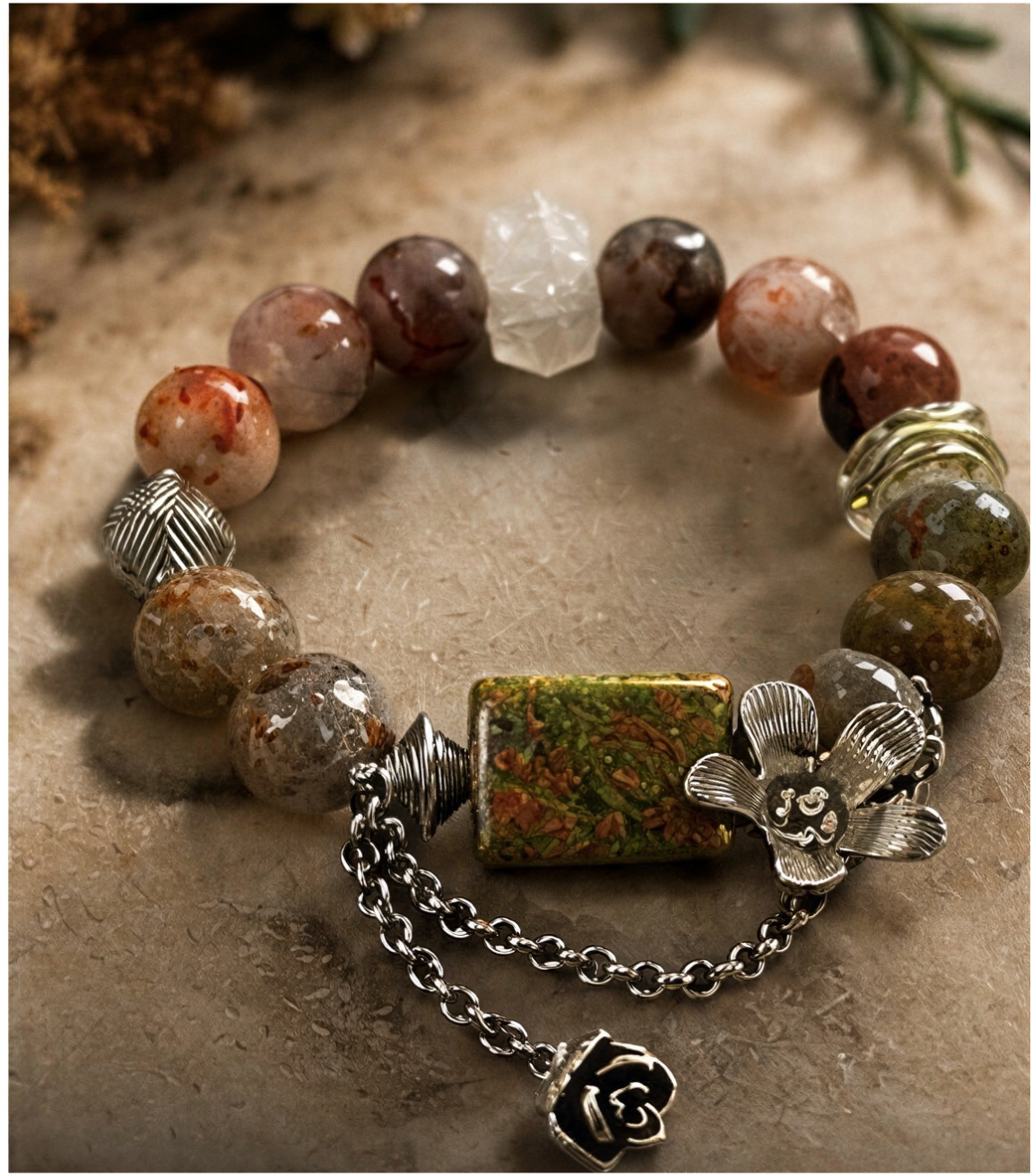 Fire Quartz, Garden Quartz & Unakite Bracelet | 6.5″