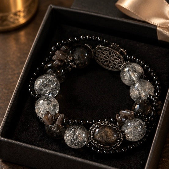 Dendritic-Style Quartz & Black Obsidian Statement Bracelet – 16 mm