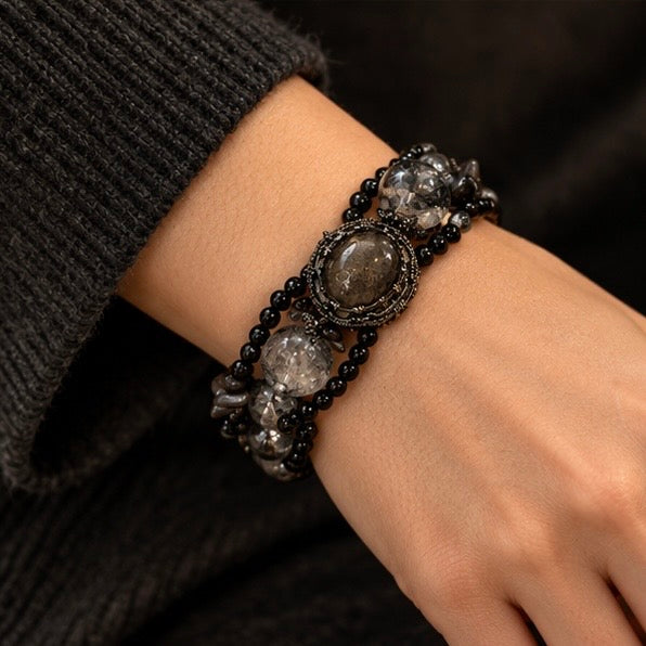 Dendritic-Style Quartz & Black Obsidian Statement Bracelet – 16 mm