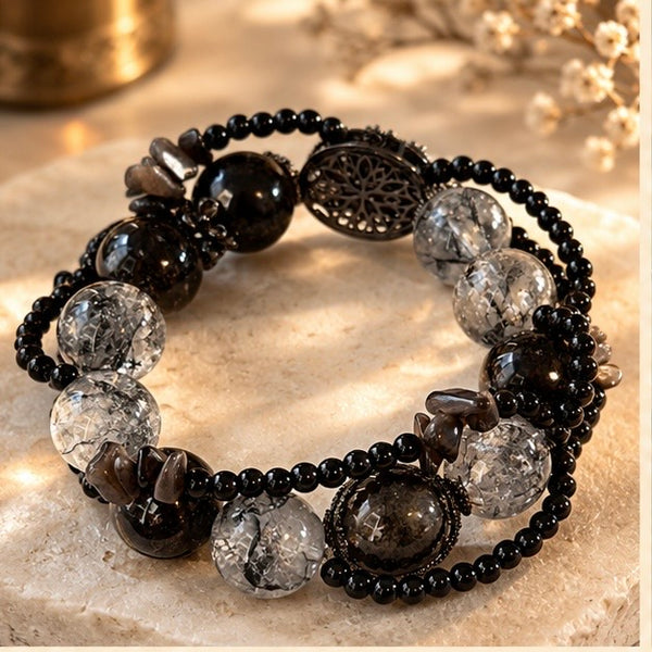 Dendritic-Style Quartz & Black Obsidian Statement Bracelet – 16 mm