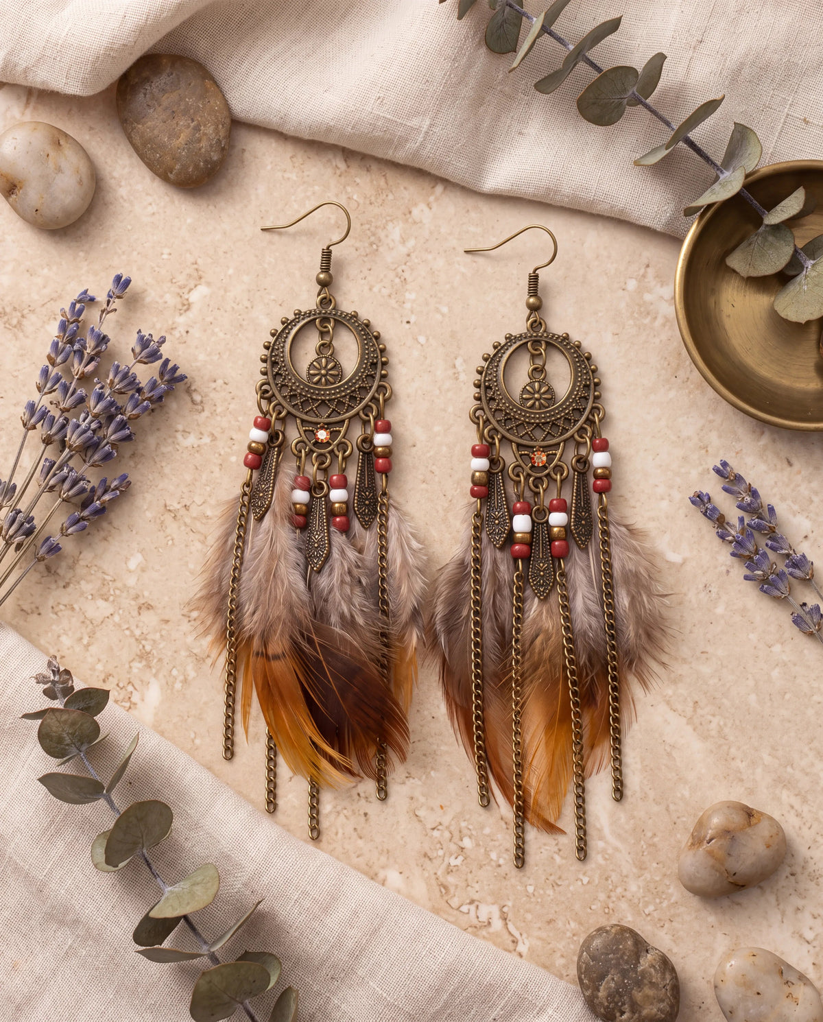 Bohemian Nocturne Dreamcatcher Feather Drop Earrings