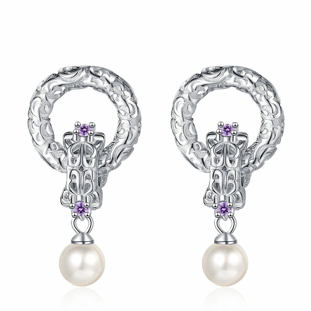 925 Sterling Silver Tang Grass Pattern Earrings With Natural Freshwater Pearl