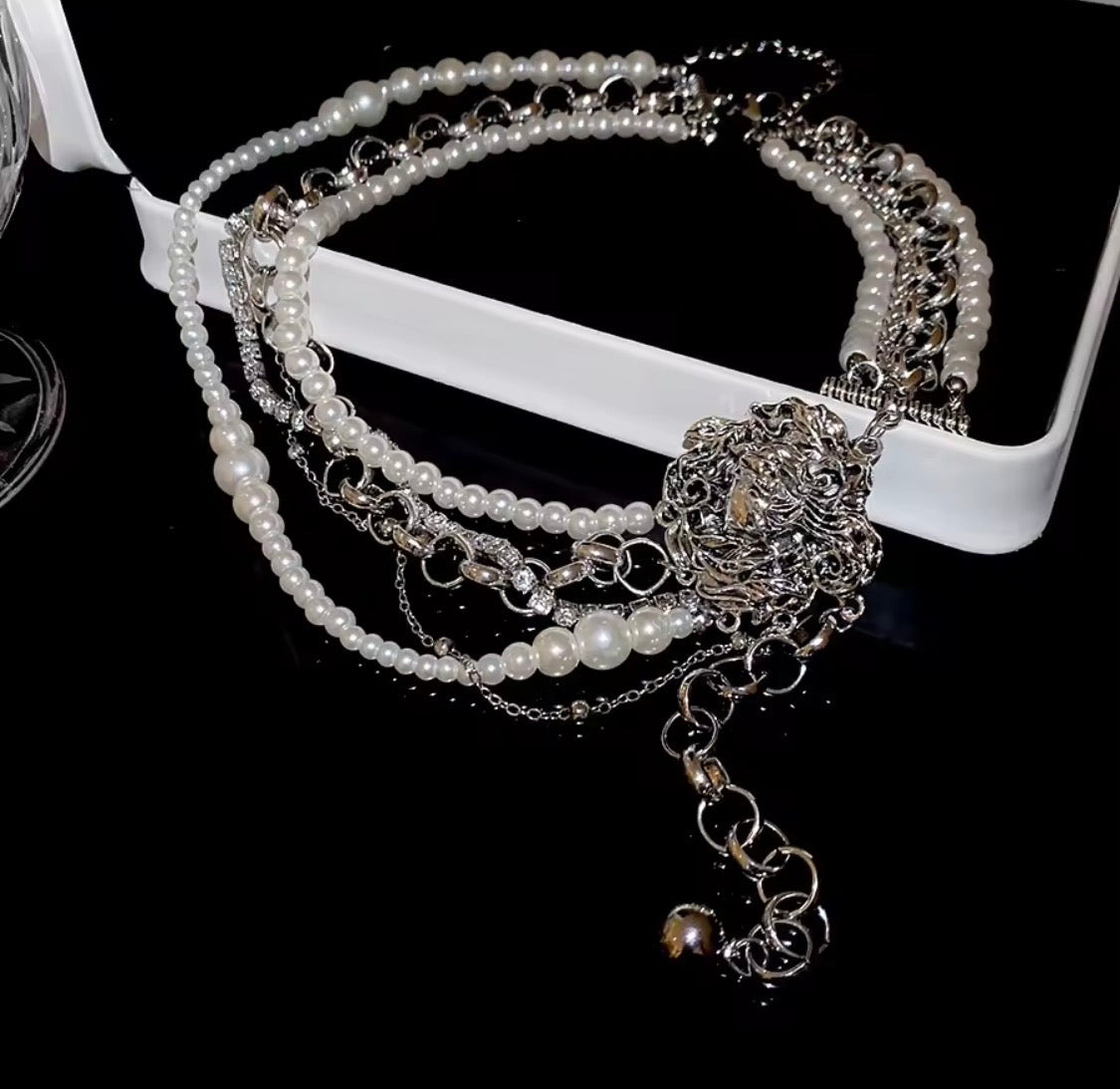 Luxe Multi-Strand Pearl & Chain Necklace with Ornate Medallion