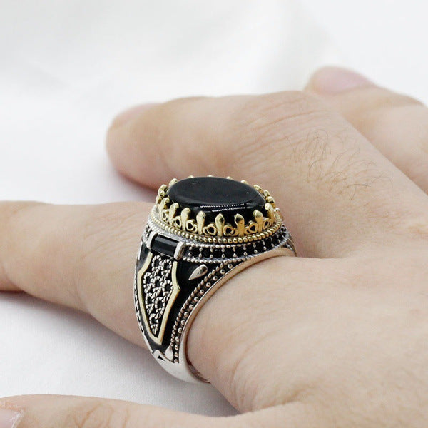 Sterling Silver Geometric Ring with Natural Gemstone - Men's Diamond Cut Ring