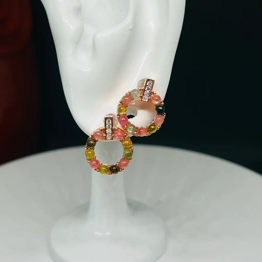 Rainbow Tourmaline Circle Earrings - Natural Gemstone Harmony Earrings