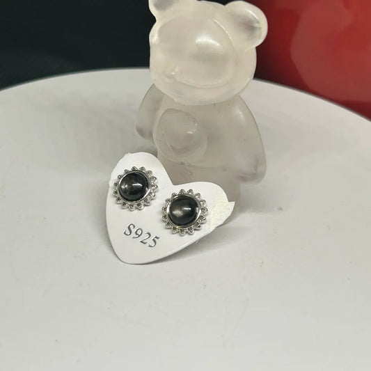 Silver Sheen Obsidian Sunflower Studs - S925 Sterling Silver Earrings