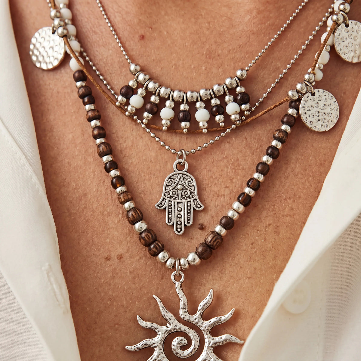 Boho Spirit Silver Layered Necklace Set