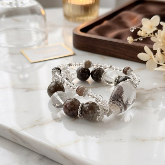 Ethereal Garden Quartz Bracelet, Phantom Crystal Lodolite & Silver Gemstone Jewelry, Gift for Crystal Healers17cm