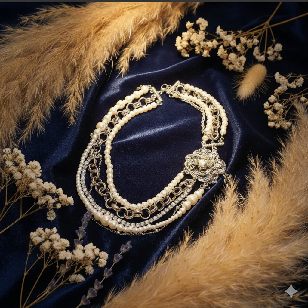 Luxe Multi-Strand Pearl & Chain Necklace with Ornate Medallion