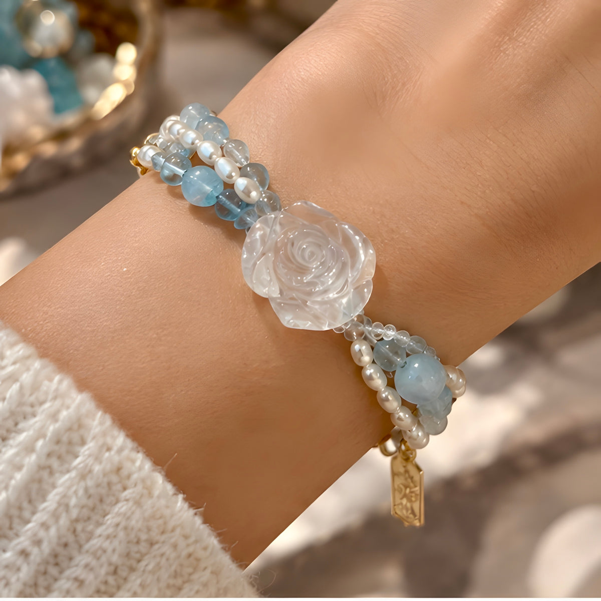 Clear Quartz Carved Rose, Aquamarine Chip & Freshwater Pearl Bracelet