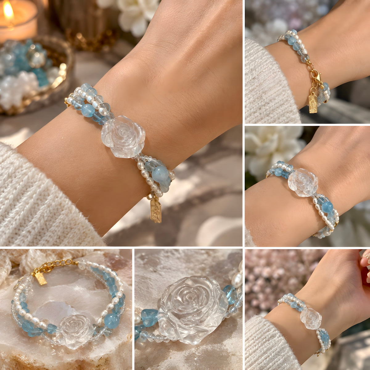 Clear Quartz Carved Rose, Aquamarine Chip & Freshwater Pearl Bracelet