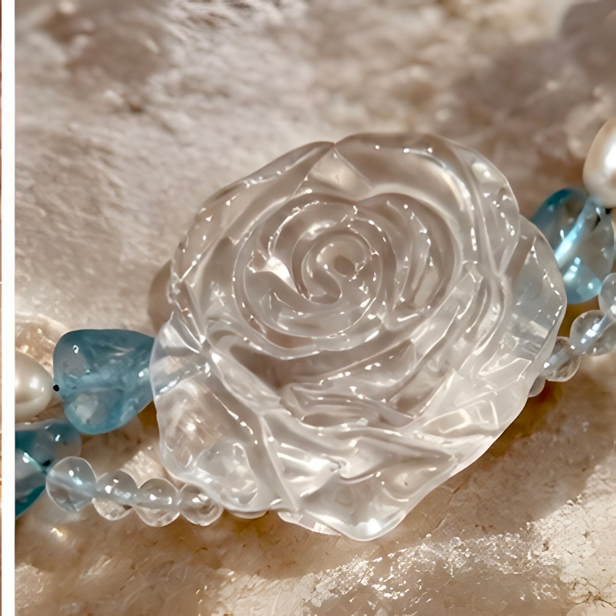 Clear Quartz Carved Rose, Aquamarine Chip & Freshwater Pearl Bracelet