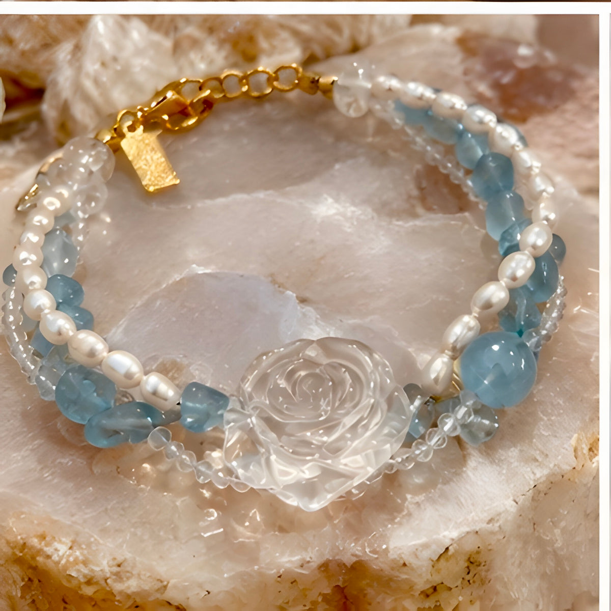 Clear Quartz Carved Rose, Aquamarine Chip & Freshwater Pearl Bracelet
