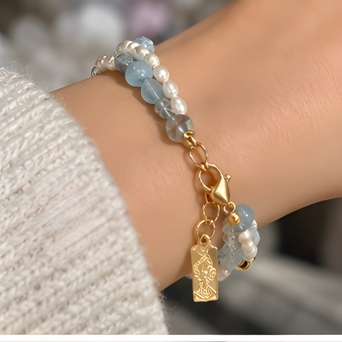 Clear Quartz Carved Rose, Aquamarine Chip & Freshwater Pearl Bracelet