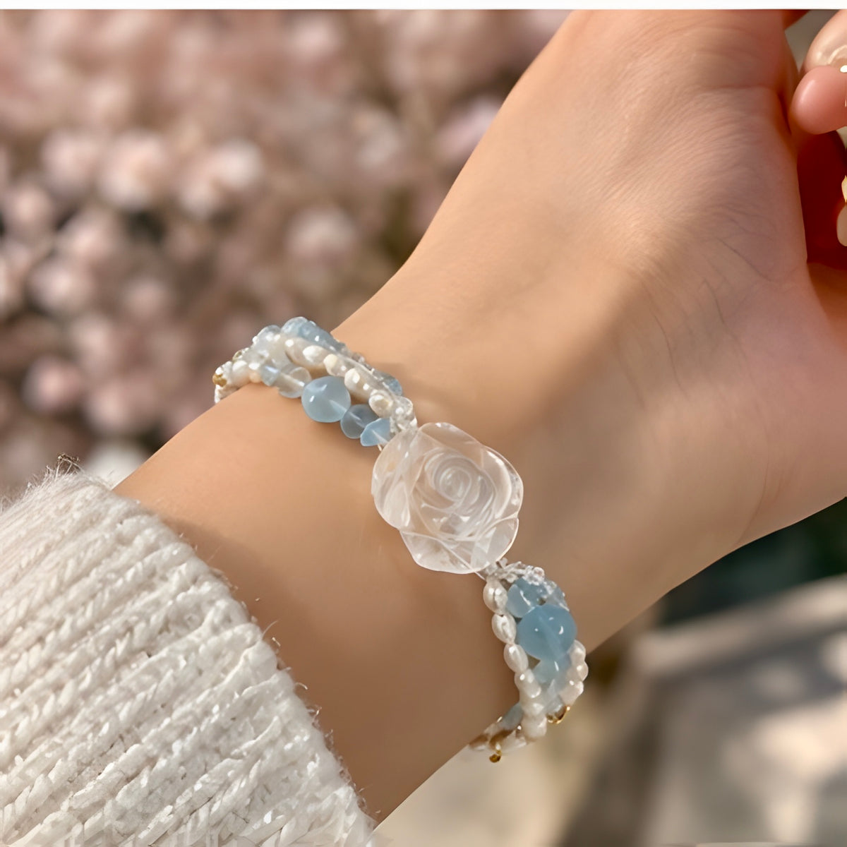 Clear Quartz Carved Rose, Aquamarine Chip & Freshwater Pearl Bracelet