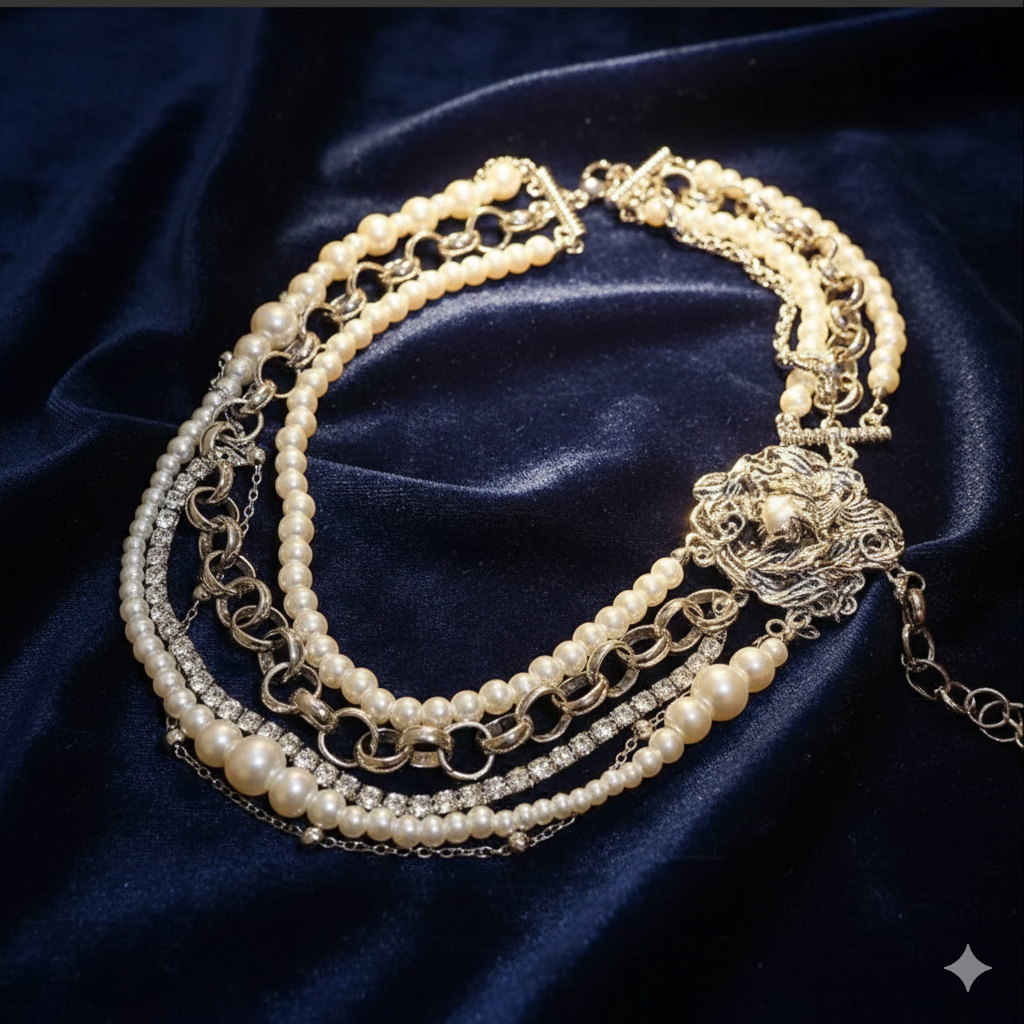 Luxe Multi-Strand Pearl & Chain Necklace with Ornate Medallion